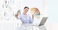 Interior design concept smiling woman showing color palette and Royalty Free Stock Photo
