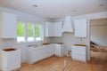 Interior design construction of a kitchen with cabinet maker installing custom Royalty Free Stock Photo