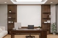 The interior design of a contemporary luxurious private CEO office features a hardwood computer desk Royalty Free Stock Photo