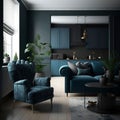Interior Design: Cozy Apartment featuring Blue Sofa, Gray Armchairs, and Black Wall in Living Room. Generative AI