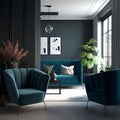 Interior Design: Cozy Apartment featuring Blue Sofa, Gray Armchairs, and Black Wall in Living Room. Generative AI