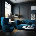 Interior Design: Cozy Apartment featuring Blue Sofa, Gray Armchairs, and Black Wall in Living Room. Generative AI