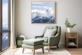 Interior design of a cozy reading hook with contemporary decor, featuring a comfortable armchair and ottoman set a top a plush Royalty Free Stock Photo