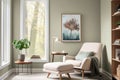 Interior design of a cozy reading hook with contemporary decor, featuring a comfortable armchair and ottoman set a top a plush Royalty Free Stock Photo