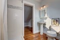 Interior design of craftsman bathroom with pastel blue walls Royalty Free Stock Photo