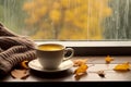 interior design, Cup of autumn tea (coffee, chocolate) and yellow dry leaves near a window, copy space. Royalty Free Stock Photo