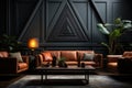 Interior Design. Dark living room with leather sofa and armchairs. AI generative Royalty Free Stock Photo