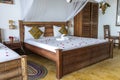 Interior design decor furnishing of luxury show home holiday villa bedroom with four poster bed. Interior design of the tropical Royalty Free Stock Photo