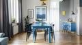Interior design of dining room with a blue table and chairs in modern and bright flat. AI Generative Royalty Free Stock Photo