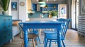 Interior design of dining room with a blue table and chairs in modern and bright flat. AI Generative Royalty Free Stock Photo