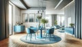 interior design of a dining room with a blue table and chairs in a modern and bright flat. The scene should highlight Royalty Free Stock Photo