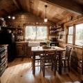 Interior design of a dining room and kitchen in a tiny rustic log cabin Royalty Free Stock Photo