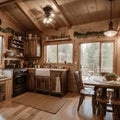 Interior design of a dining room and kitchen in a tiny rustic log cabin Royalty Free Stock Photo