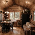 Interior design of a dining room and kitchen in a tiny rustic log cabin Royalty Free Stock Photo