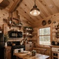 Interior design of a dining room and kitchen in a tiny rustic log cabin Royalty Free Stock Photo