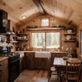 Interior design of a dining room and kitchen in a tiny rustic log cabin Royalty Free Stock Photo