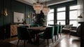 Interior deisgn of Dining Room in Mid-Century Modern style with Chandelier Royalty Free Stock Photo