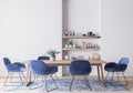 Interior design for dining room with velvet blue chairs, wooden table , Scandinavian style Royalty Free Stock Photo