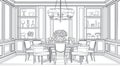 Elegant Dining Room Interior Design Sketch with Table, Chairs, and Chandelier Royalty Free Stock Photo