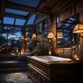 Interior Design of Elegant Bathroom, Luxury bathtub, Romantic Atmosphere