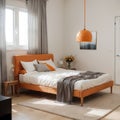 Interior design of elegant bedroom with big orange bed beige and grey bedclothes blue curtain rug modern lamp night stand va Royalty Free Stock Photo