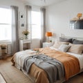 Interior design of elegant bedroom with big orange bed beige and grey bedclothes blue curtain rug modern lamp night stand va Royalty Free Stock Photo