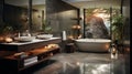 Interior Design of Elegant Spacious Bathroom, Luxury bathtub, Romantic Atmosphere