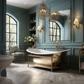 Interior Design of Elegant Spacious Bathroom, Luxury bathtub, Romantic Atmosphere Royalty Free Stock Photo