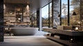 Interior Design of Elegant Spacious Bathroom, Luxury bathtub, Romantic Atmosphere