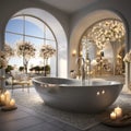 Interior Design of Elegant Spacious Bathroom, Luxury bathtub, Romantic Atmosphere