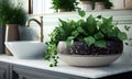 Interior design elements, beautiful green plants near vessel sink on countertop in bathroom, generative AI Royalty Free Stock Photo
