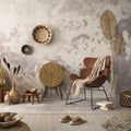 Interior design of ethnic living room interior with design leather brown armchair, colorful baskets, round rattan sideboard, gray Royalty Free Stock Photo