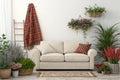 Interior with sofa, plants, and plaid Royalty Free Stock Photo