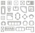 Vector set of outline isolated interior design floor plan objects icons
