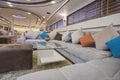 Interior of large salon area of luxury motor yacht Royalty Free Stock Photo