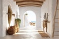 Interior design of greek island style entrance hall with arched doorway. Created with generative AI Royalty Free Stock Photo