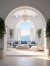 Interior design of Greek island style entrance hall with arched doorway