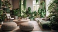 Interior design, green cozy corner in room with lot of indoor plants. Soft armchair, coffee table in relaxation room