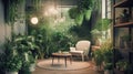 Interior design, green cozy corner in room with lot of indoor plants. Soft armchair, coffee table in relaxation room