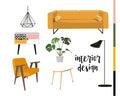 INterior design hand drawn elements collection. furniture drawing. vector illustration