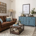 Harmonized living room with brown sofa and blue commode Royalty Free Stock Photo