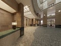 The interior design of the hotel lobby with a large multi-storey interior space. Stone columns, balconies and interfloor elevators