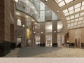 The interior design of the hotel lobby with a large multi-storey interior space. Stone columns, balconies and interfloor elevators