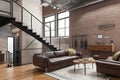 interior design illustration of a loft apartment with brick walls, leather sofa and metal stairs Royalty Free Stock Photo