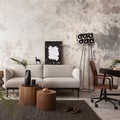 Interior design of indiustral living room interior with mock up poster frame, gray sofa, round wooden coffee table, brown leather Royalty Free Stock Photo