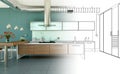 Interior Design Kitchen Drawing Gradation Into Photograph Royalty Free Stock Photo