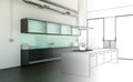 Interior Design Kitchen Drawing Gradation Into Photograph Royalty Free Stock Photo