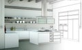 Interior Design Kitchen Drawing Gradation Into Photograph Royalty Free Stock Photo