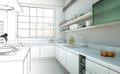 Interior Design Kitchen Drawing Gradation Into Photograph