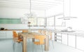 Interior Design Kitchen Drawing Gradation Into Photograph Royalty Free Stock Photo